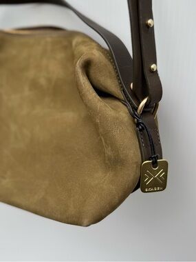 Skagen Olive Suede Shoulder Bag with Dark Brown Strap and Gold Hardware
